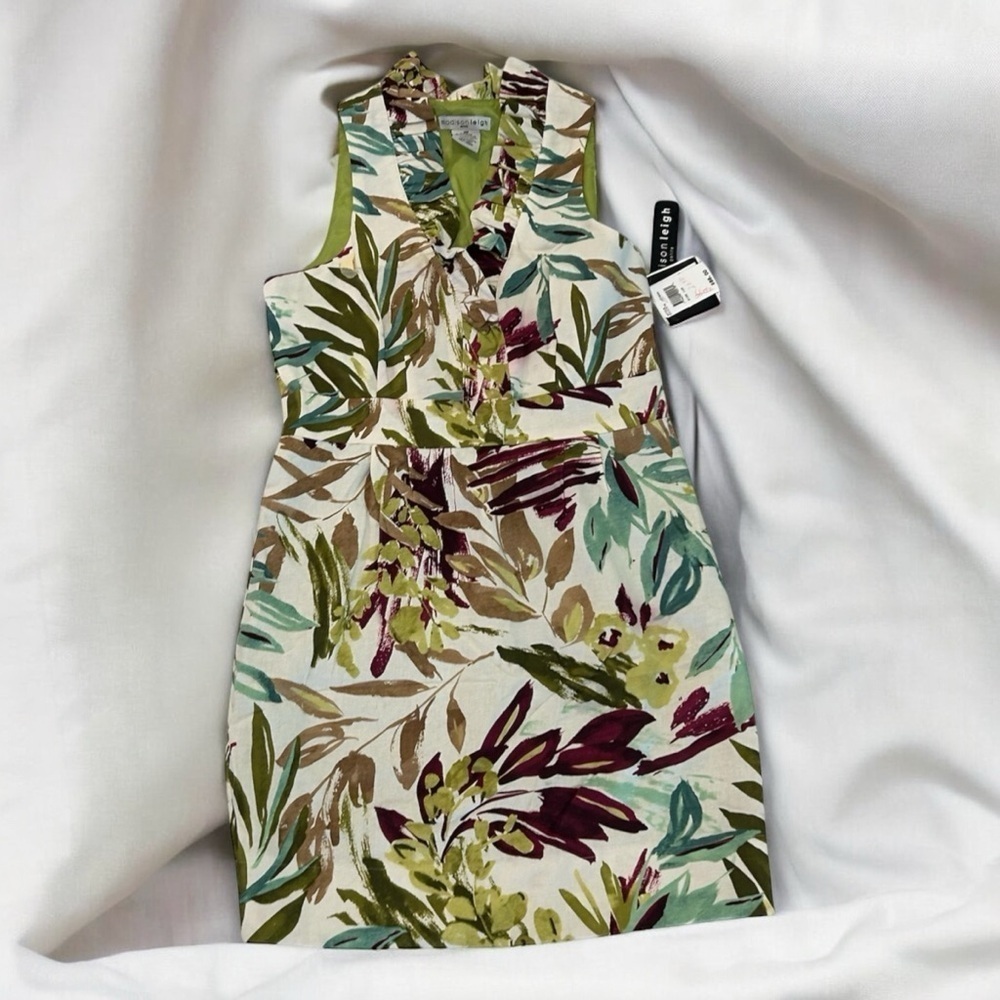 Madison Leigh Petite Size 12P Linen Blend Leaf Sleeveless‎ Ruffled V Neck NWT - Picture 2 of 9